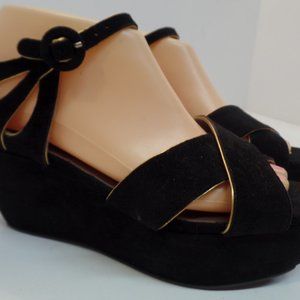 Marni Designer Shoes Black Suede W Gold Piping Criss Cross Open Toe Sz 40 or 9.5